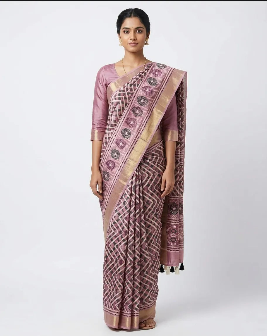 A woman modeling a mauve silk blend saree with a dark geometric chevron print, gold zari border, and tassels at the pallu end.

