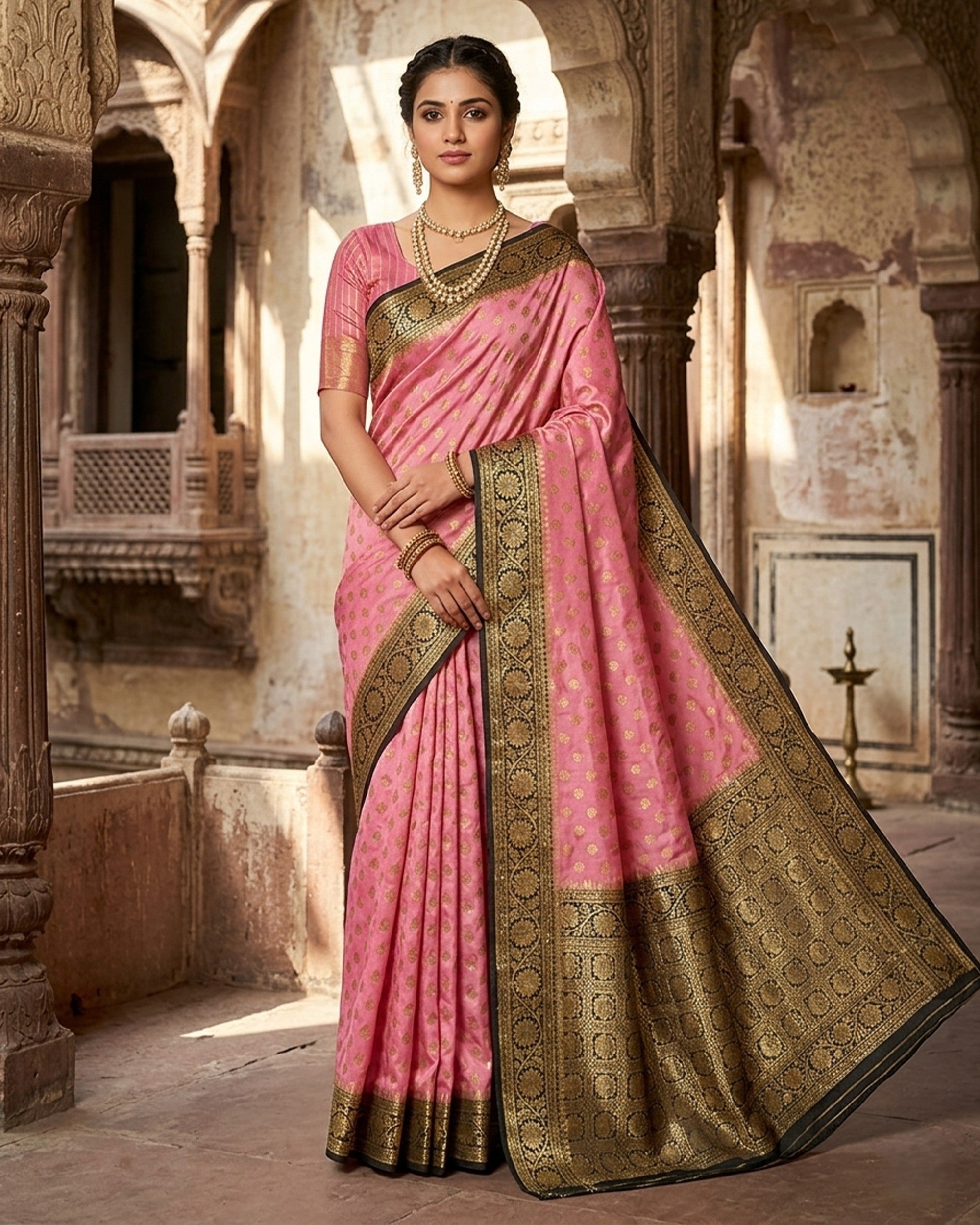 A woman wearing a vibrant pink silk blend Banarasi saree with gold-toned woven butis and a contrasting thick black zari border, posed in an ancient Indian architectural courtyard.