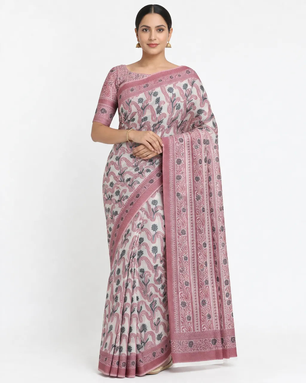 The saree features an off-white base with intricate pink and grey floral and vine patterns.