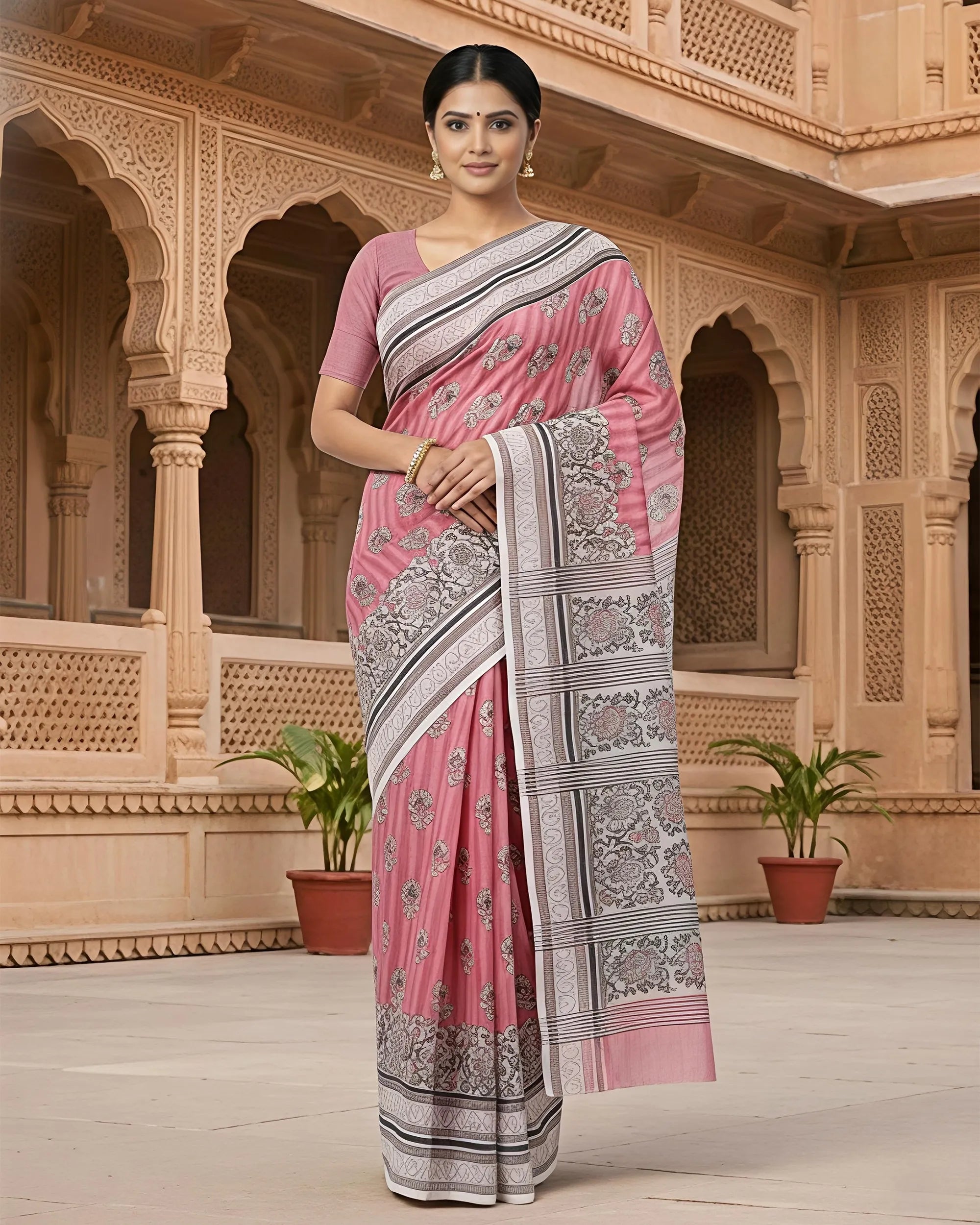A woman modelling a rose-pink cotton saree from The Weavers Shop by Raavi with traditional handblock floral motifs. The saree includes a contrasting grey and white printed border and pallu.