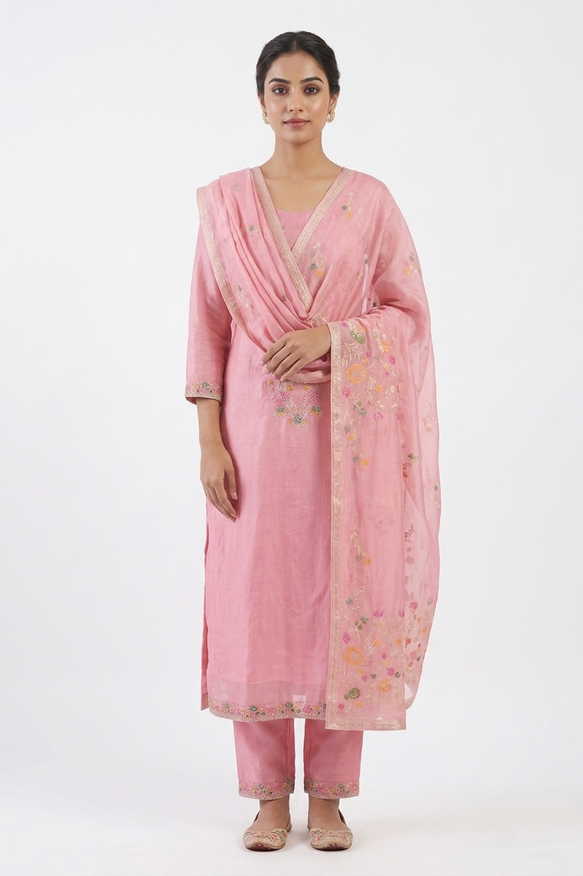A woman posing in a dusty pink cotton salwar suit featuring floral embroidery on the neck and hem, paired with a sheer pink organza dupatta and matching embroidered trousers.
