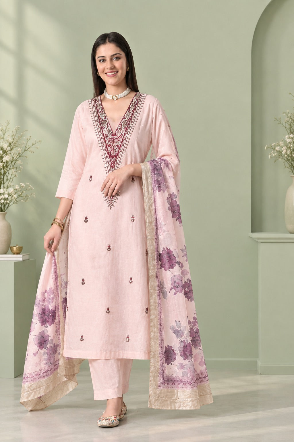 Light pink straight-cut kurta suit set with matching trousers and a floral printed dupatta, featuring intricate maroon embroidery around the V-neckline, delicate small motifs on the kurta, and a coordinating floral border on the dupatta.
