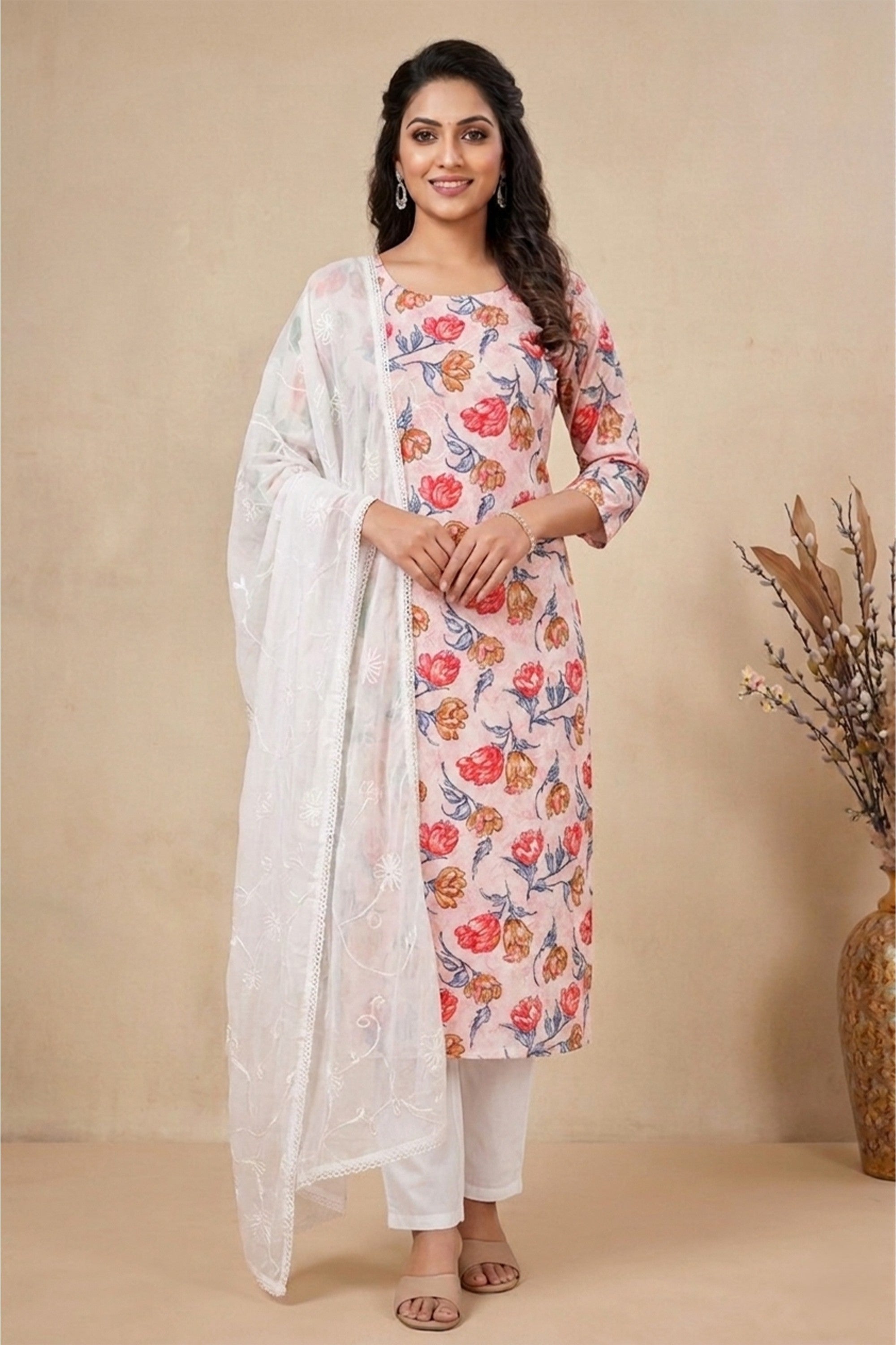 A peach-pink cotton unstitched suit with red and orange floral prints, paired with a white embroidered organza dupatta on a mannequin.
