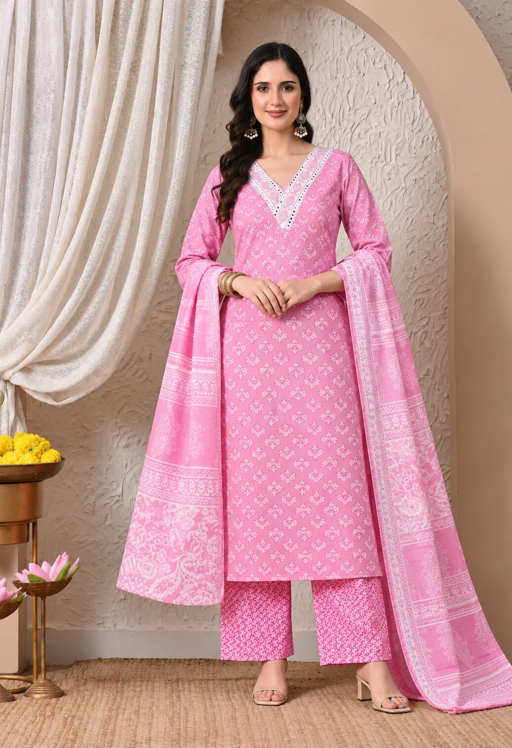 Pink ethnic kurta suit with white floral prints, V-neckline with intricate white embroidery, matching printed palazzo pants, and a coordinating dupatta featuring traditional motifs and a decorative white border.
