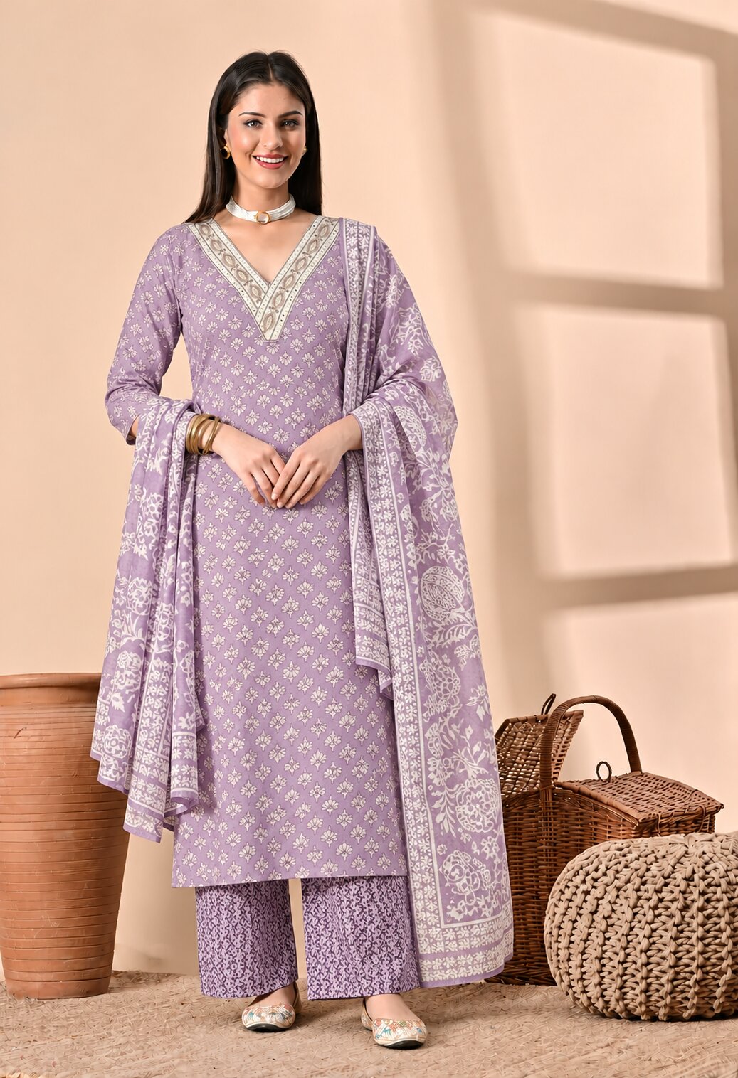 Lavender ethnic kurta suit with white floral prints, V-neckline with intricate white embroidery, matching printed palazzo pants, and a coordinating dupatta featuring traditional motifs and a decorative border.