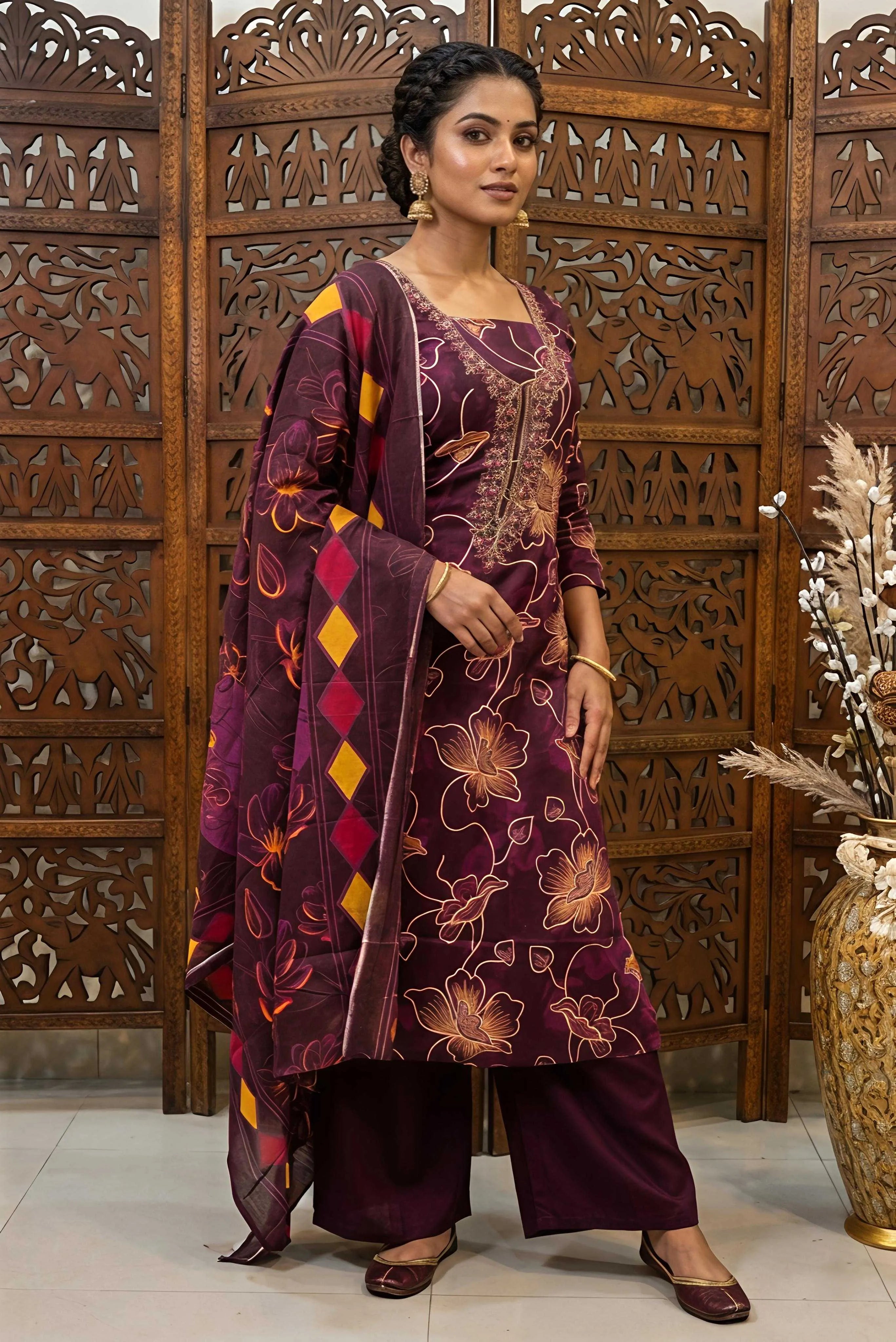 Maroon cotton unstitched suit material with floral prints, embroidered neck design, and a geometric diamond print dupatta on a mannequin.

