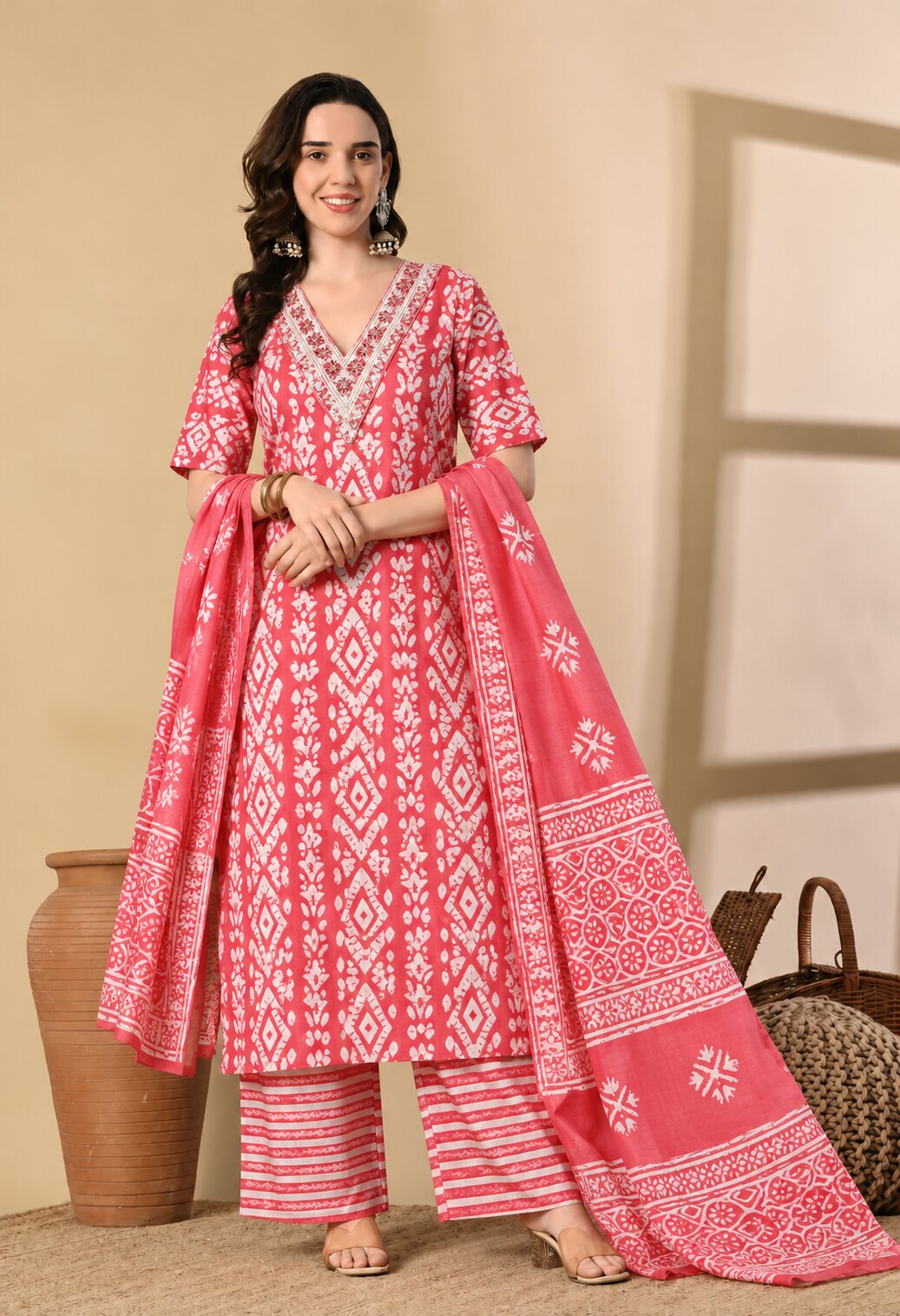 Coral red ethnic kurta suit with white geometric and floral prints, V-neckline with intricate detailing, matching striped palazzo pants, and a coordinating dupatta featuring white motifs and a decorative printed border.