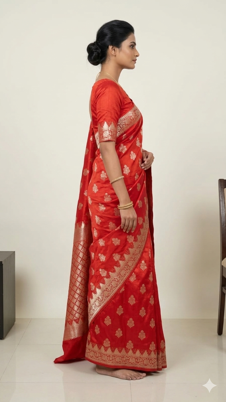 Side profile of a woman wearing a red Banarasi silk saree with gold floral motifs and an ornate gold border, featuring a matching red blouse with gold sleeve details
