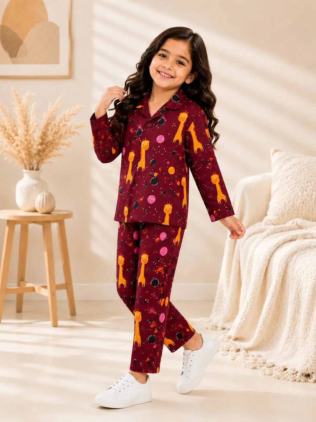 A young girl standing against a white background, wearing a maroon long-sleeved button-up pajama set with a yellow giraffe animal print