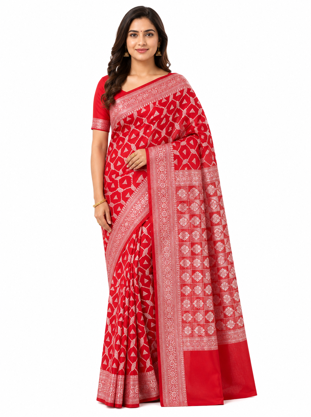 A woman posing in a vibrant red Banarasi Art Silk saree featuring an intricate all-over geometric woven pattern in gold-toned zari and a broad floral zari border.