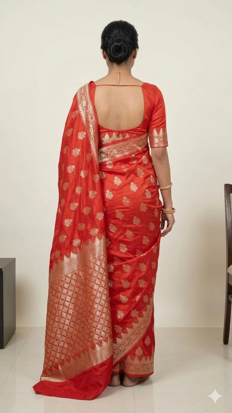 Rear view of a woman wearing a red silk Banarasi saree with gold floral patterns and an ornate gold border, featuring a matching red blouse with a wide U-shaped back design