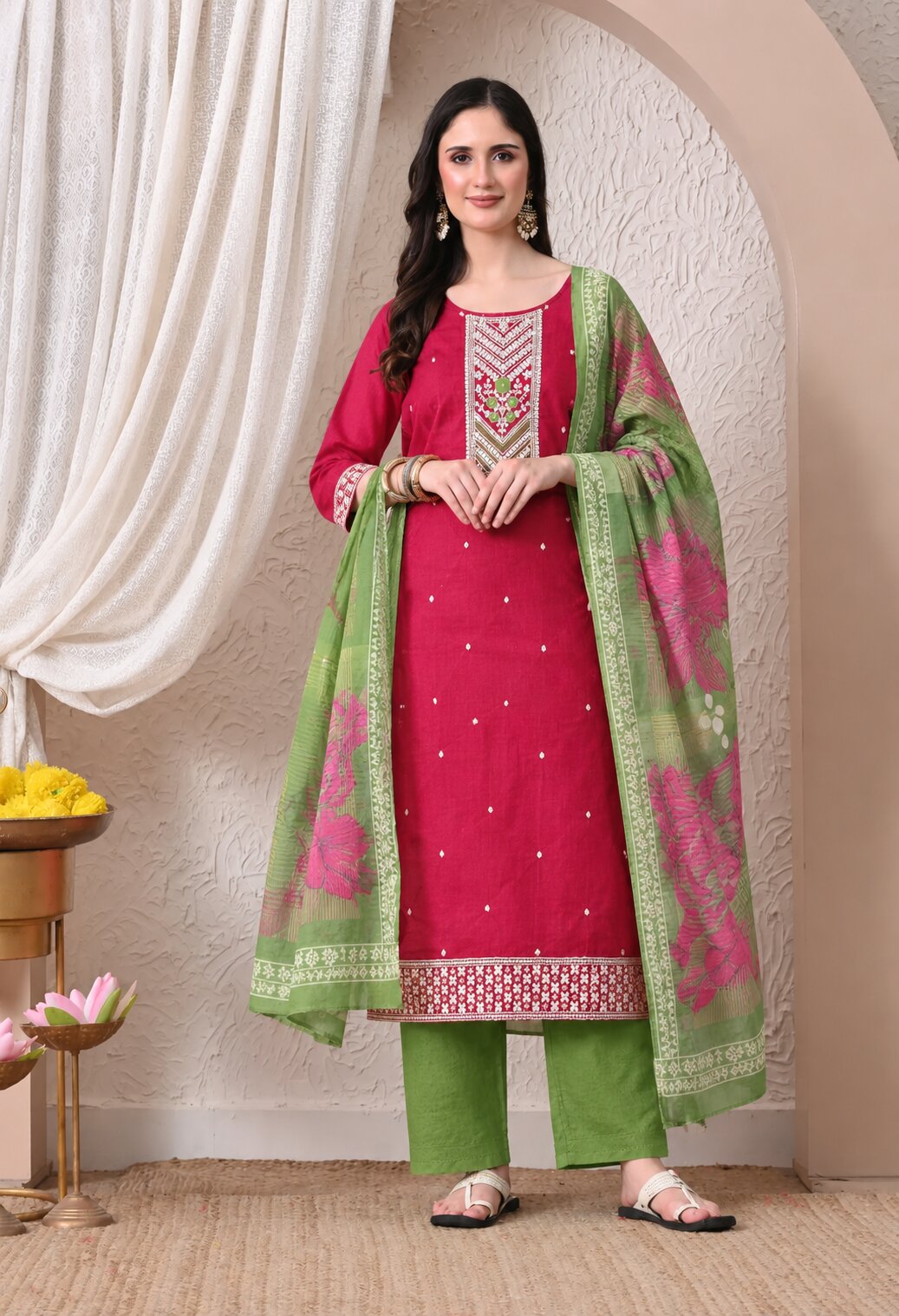 Pink straight-cut kurta suit set with green trousers and a matching green floral dupatta, featuring a round neckline, intricate multicolour embroidery, small white motifs, and a decorative hem border.