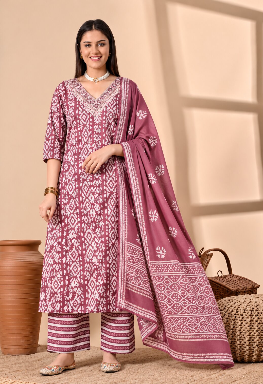 Mauve pink ethnic kurta suit with white geometric prints, V-neckline, matching printed palazzo pants, and a coordinating dupatta featuring white floral motifs and a decorative border.