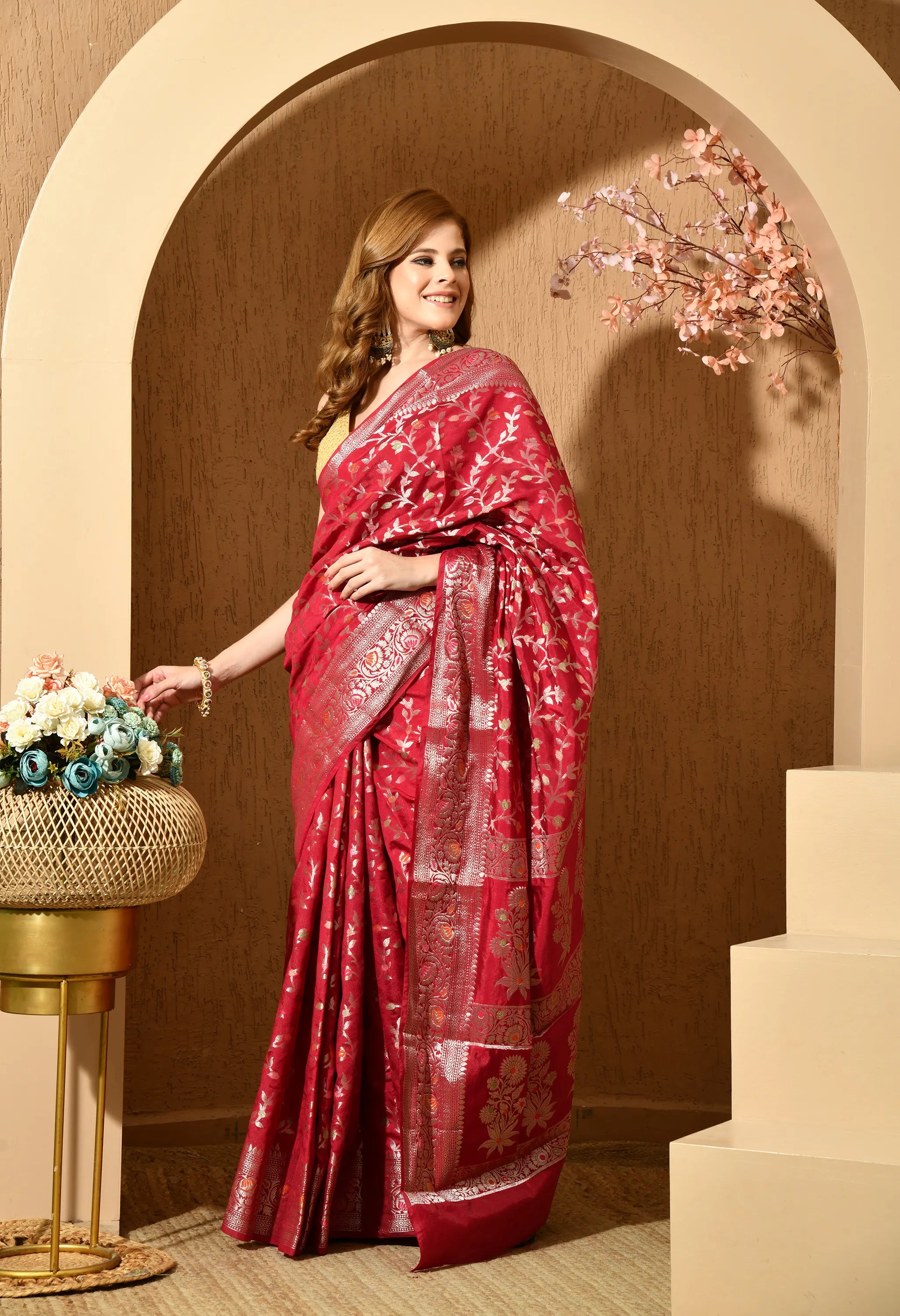 Designer red silk saree for women online