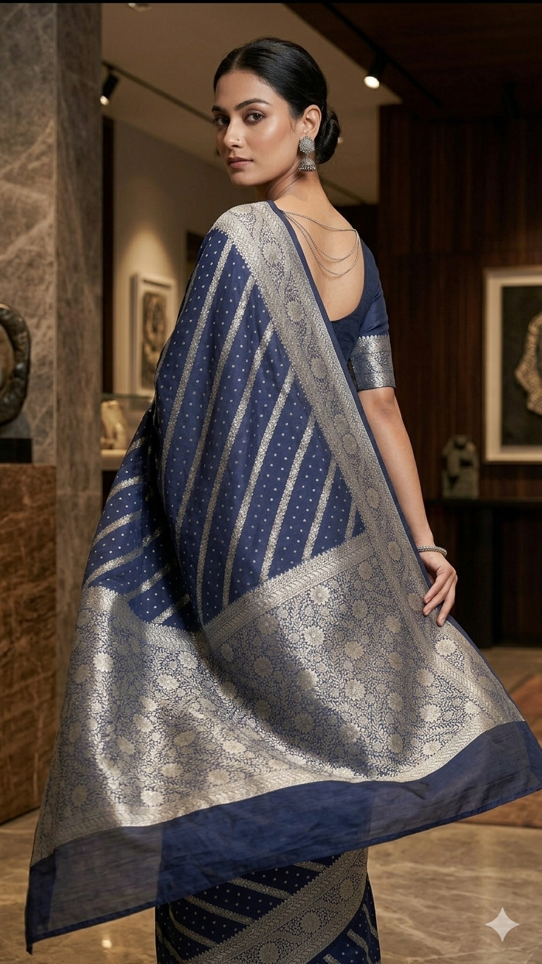 Navy Blue & Silver-Toned Silk Blend Zari Woven Leheriya Saree