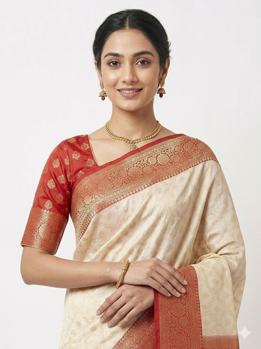 Close-up front view of a woman wearing a cream Banarasi silk saree with an ornate red and gold zari border, paired with a matching red short-sleeved blouse featuring gold patterns and gold jewelry.