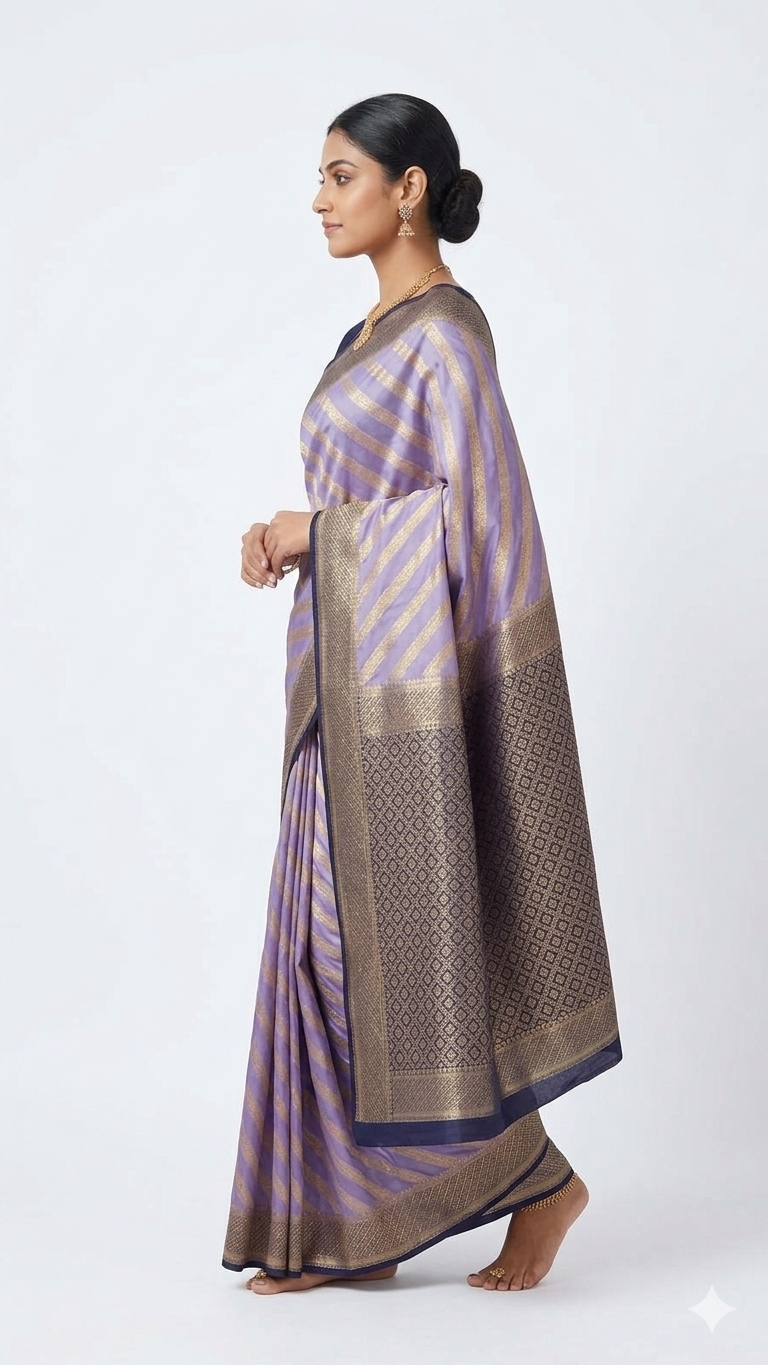 Side profile of a woman wearing a lavender silk blend Banarasi saree with a gold zari grid pattern and a broad, intricate gold-toned border, showcasing the elegant drape and heavy gold-toned pallu against a plain white background.