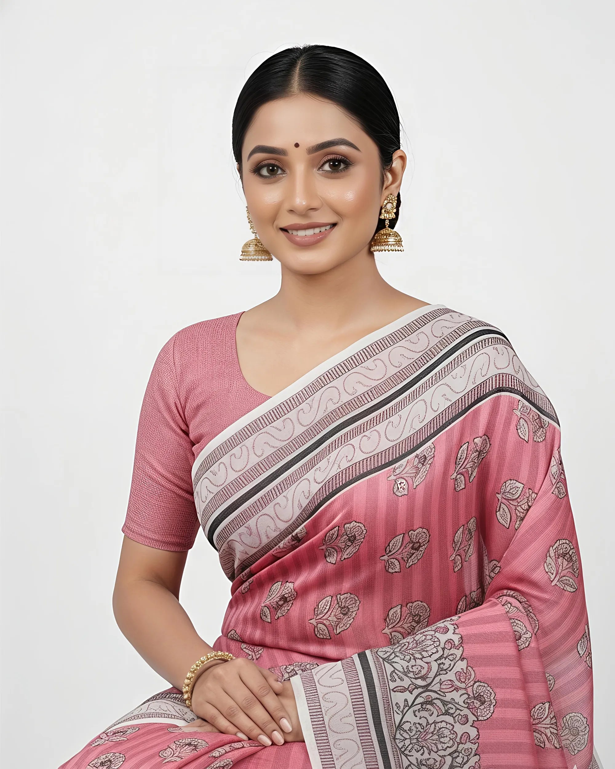 Close-up and seated shots of the pink cotton saree, highlighting the lightweight texture and the artisanal quality of the handblock printing by The Weavers Shop.