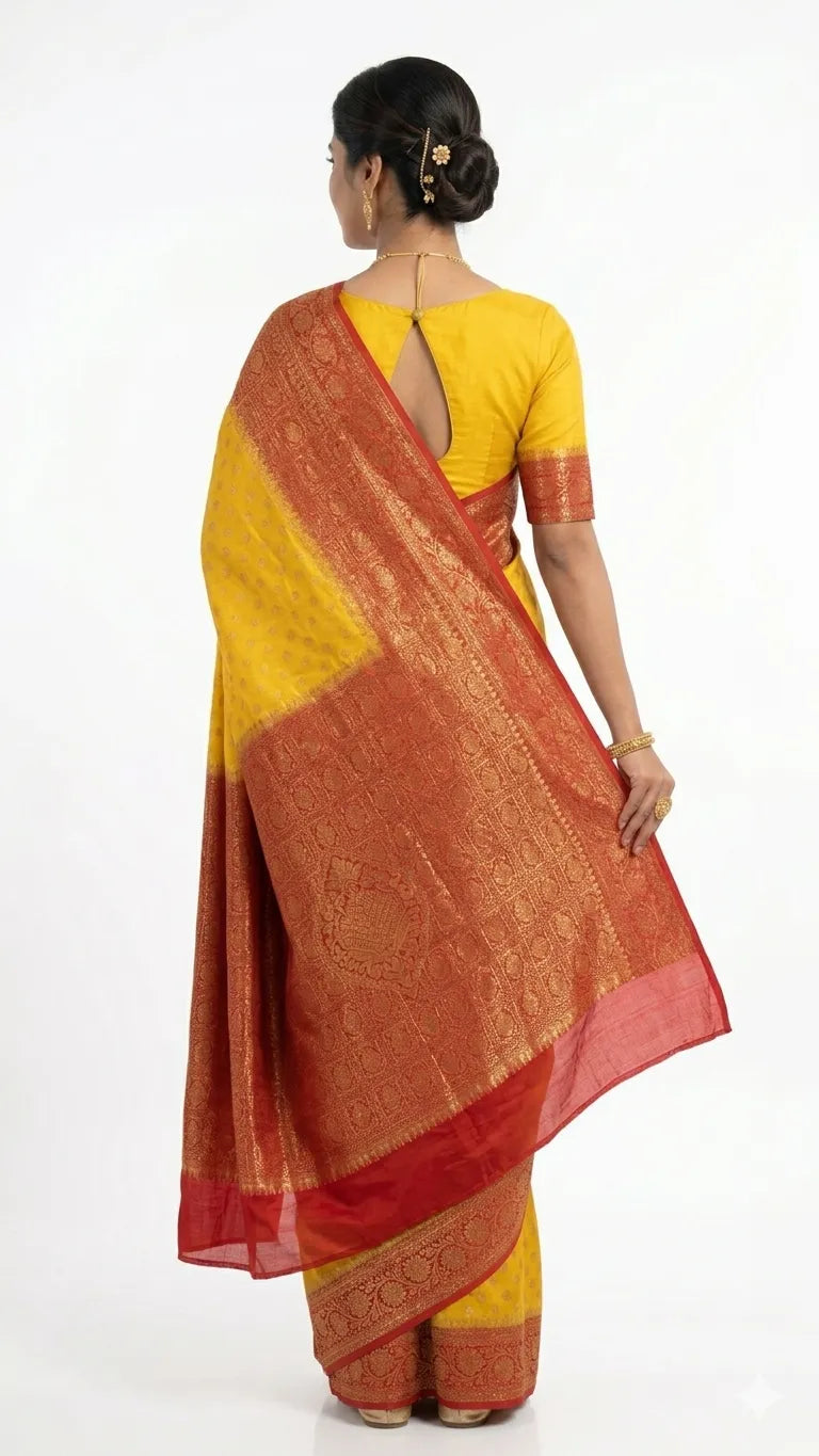 Back view of a woman wearing a yellow & red woven-design Kanjivaram silk saree, showcasing the elaborate golden Zari weaving on the rich red pallu and a matching yellow blouse with a keyhole back design.