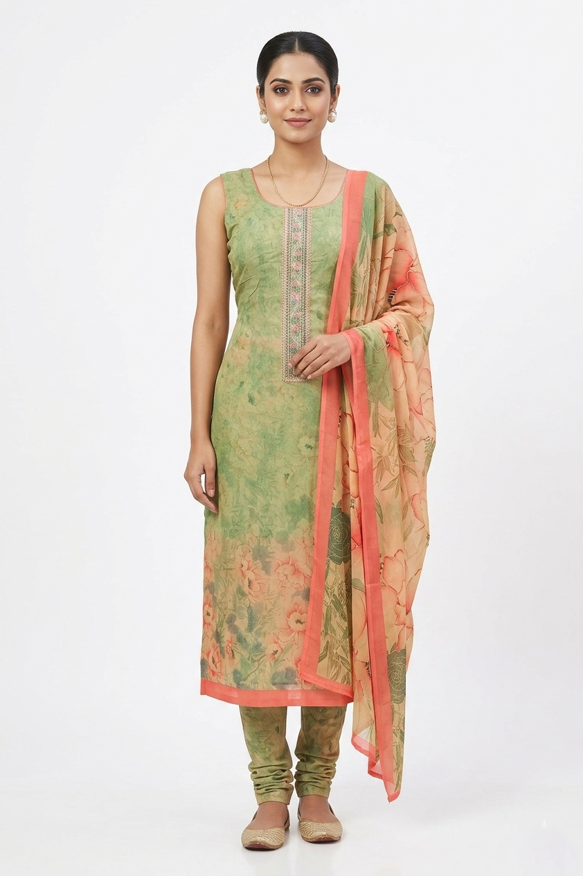 Sage green and peach floral printed organza unstitched suit material featuring an embroidered neck panel on a mannequin.
