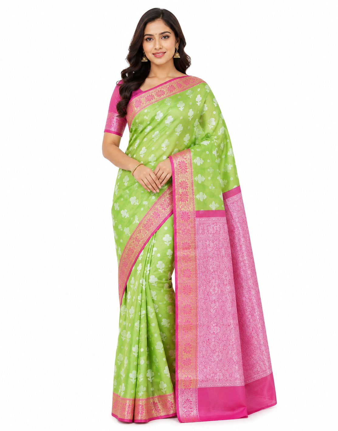 Model wearing a light green and pink Banarasi silk blend saree with woven zari borders and ethnic motifs.
