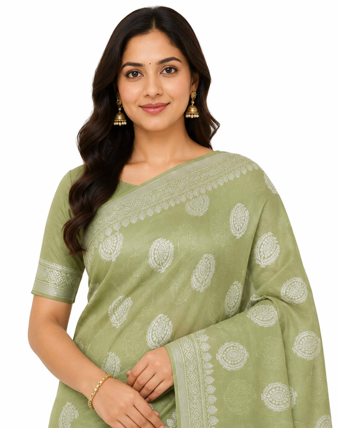 Woman in an olive green and silver woven Banarasi silk blend saree with an unstitched blouse piece