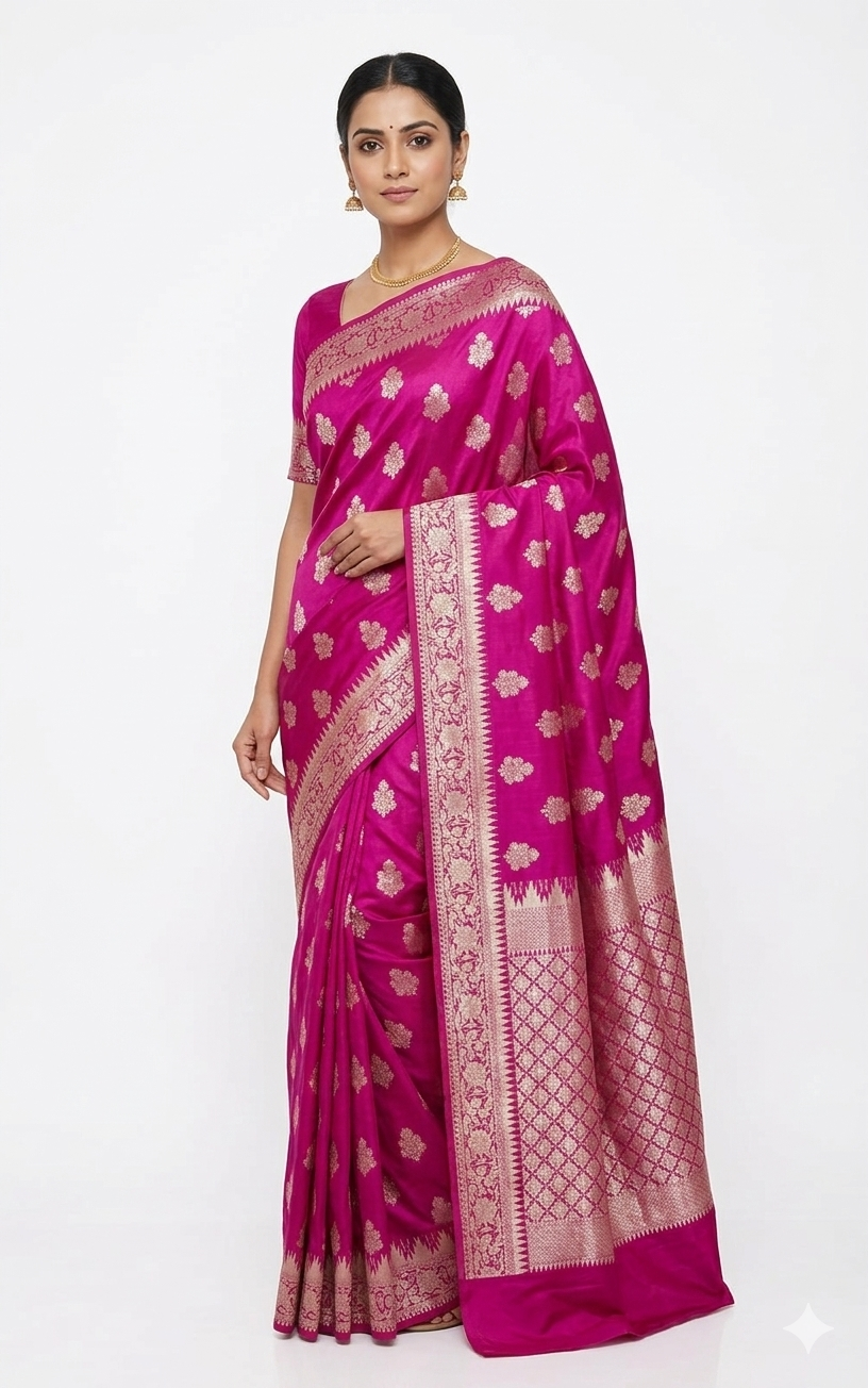 A woman wearing a vibrant magenta Banarasi silk saree with silver zari floral patterns and a broad, decorative border, posed against a plain white background