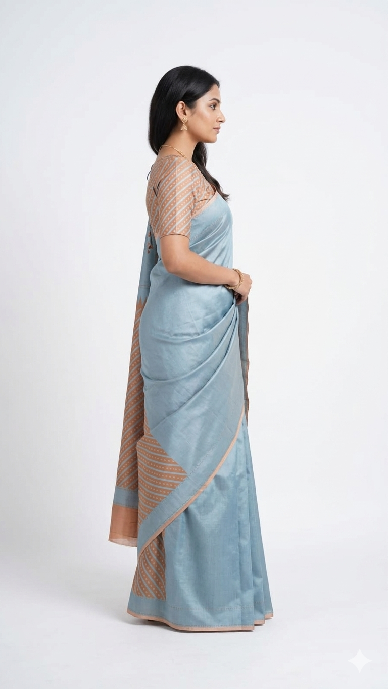 Side view of a woman posing in a light blue silk blend saree with a contrasting copper-toned pallu and matching blouse against a plain white background.
