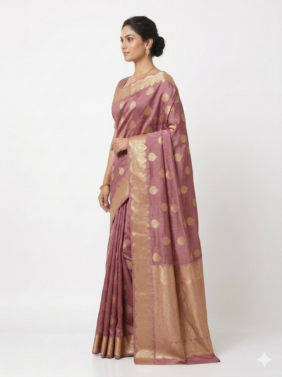 Side profile of a woman wearing a mauve Banarasi silk saree with gold zari motifs and a decorative gold border on a white background.