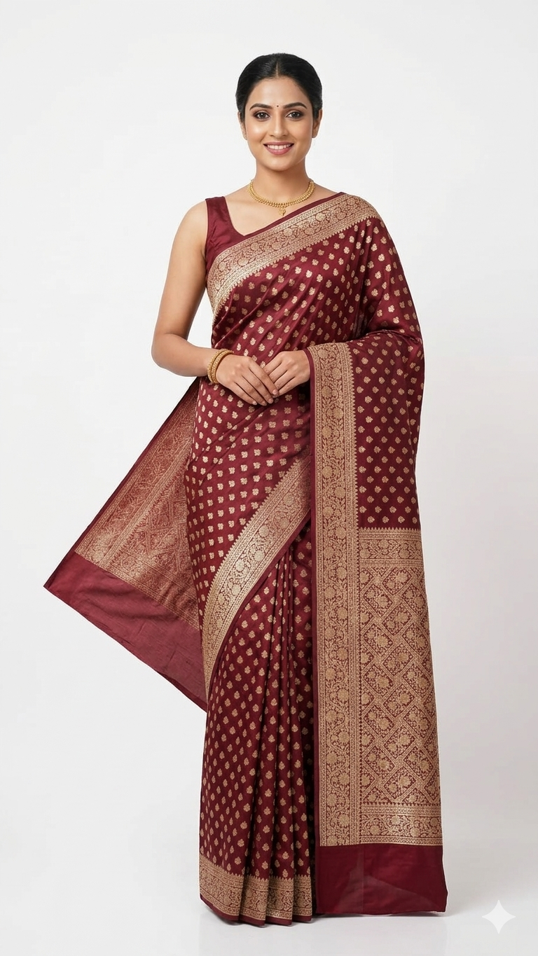 A woman wearing a deep maroon Banarasi silk saree featuring a dense gold zari grid pattern and a broad, intricate gold border, paired with a matching sleeveless maroon blouse against a white background.