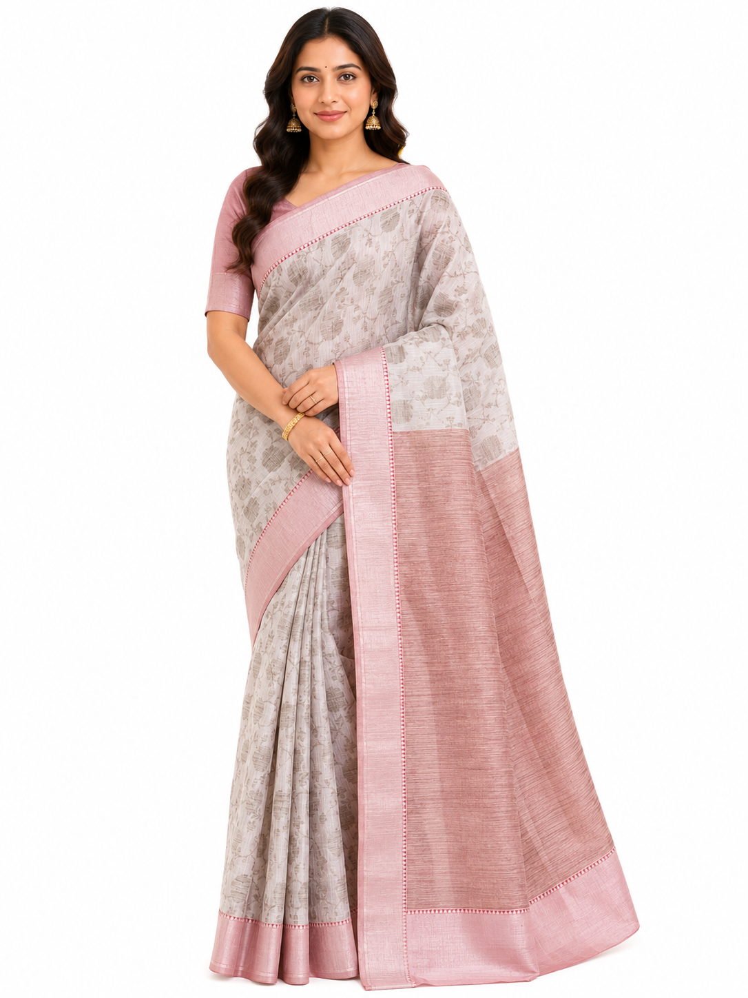 A woman posing in an elegant Off-White Art Silk saree featuring a delicate all-over floral print, paired with a dusty rose-pink textured border and pallu.