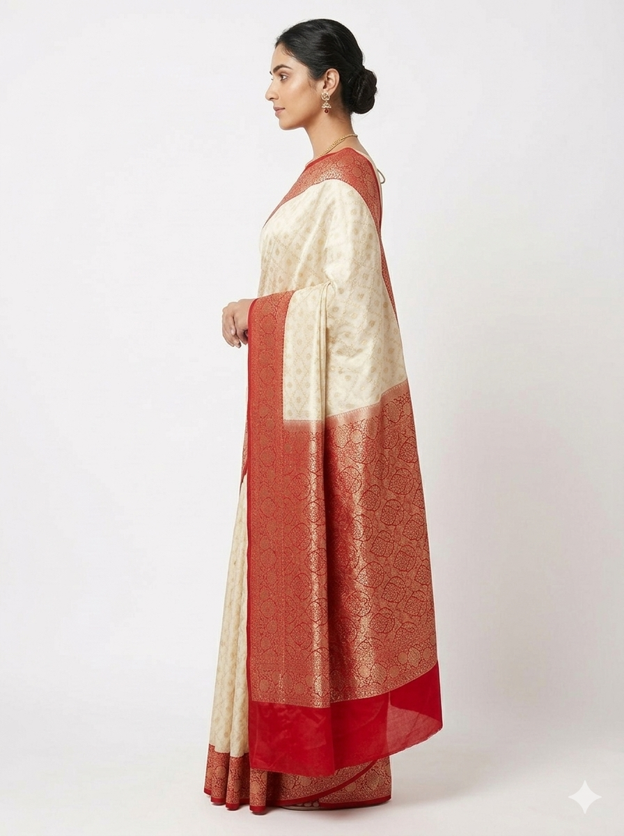 Side profile of a woman wearing an off-white Banarasi silk saree with a contrasting broad red border and gold zari floral motifs, showcasing the elegant drape and heavy gold pallu.
