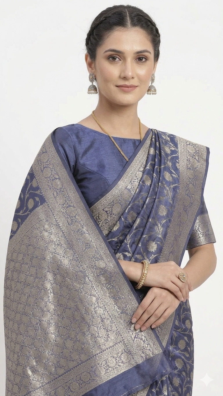 Close-up front view of a woman wearing a navy blue Banarasi silk saree with silver floral motifs and an ornate silver zari border, paired with a matching blue blouse and traditional jewelry