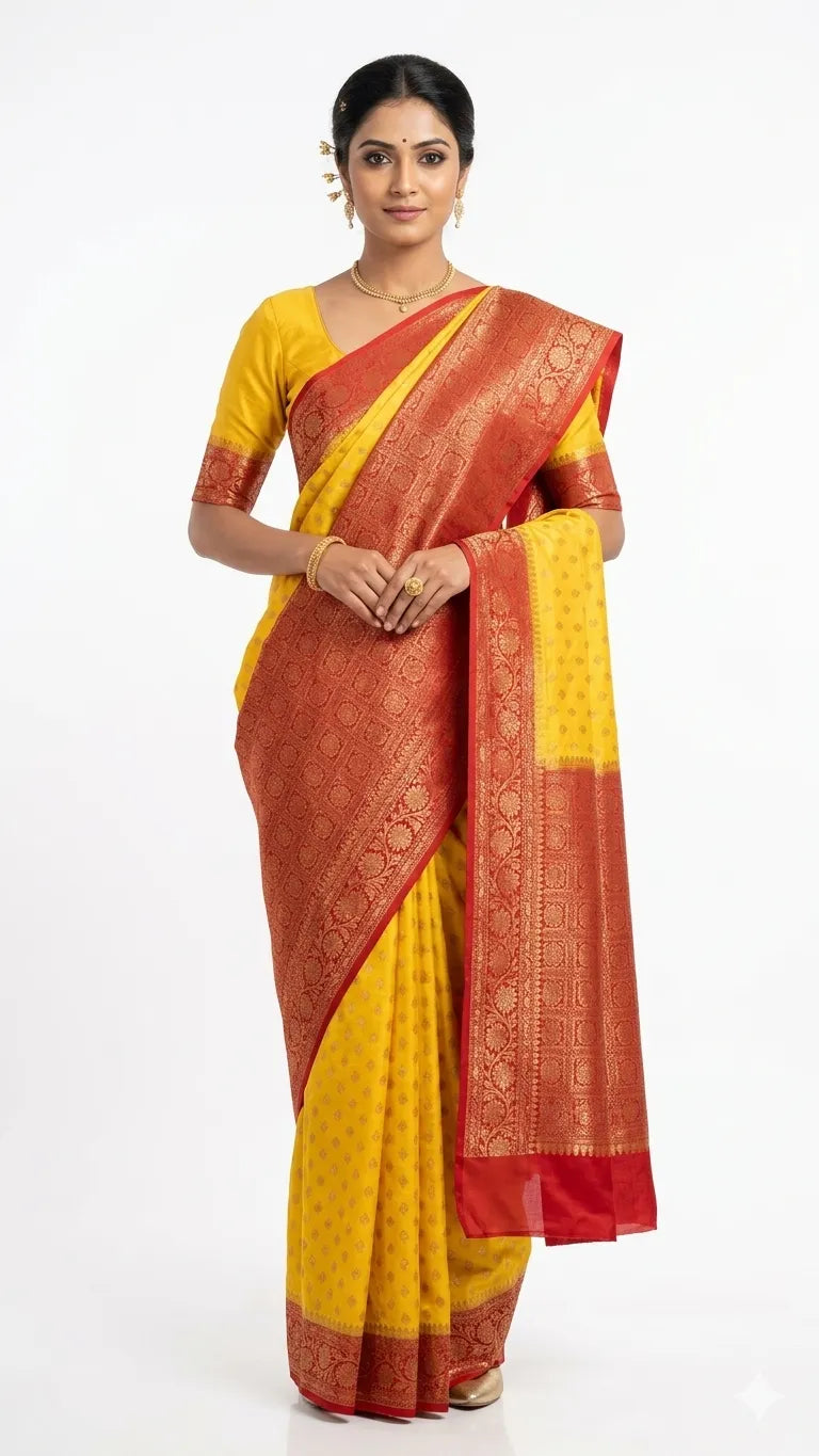 A woman elegantly modelling a yellow & red woven design Kanjivaram silk saree from The Weaver's Shop, featuring a bright yellow body with golden Zari buttas, a traditional red temple border, and a matching red blouse against a white background.
