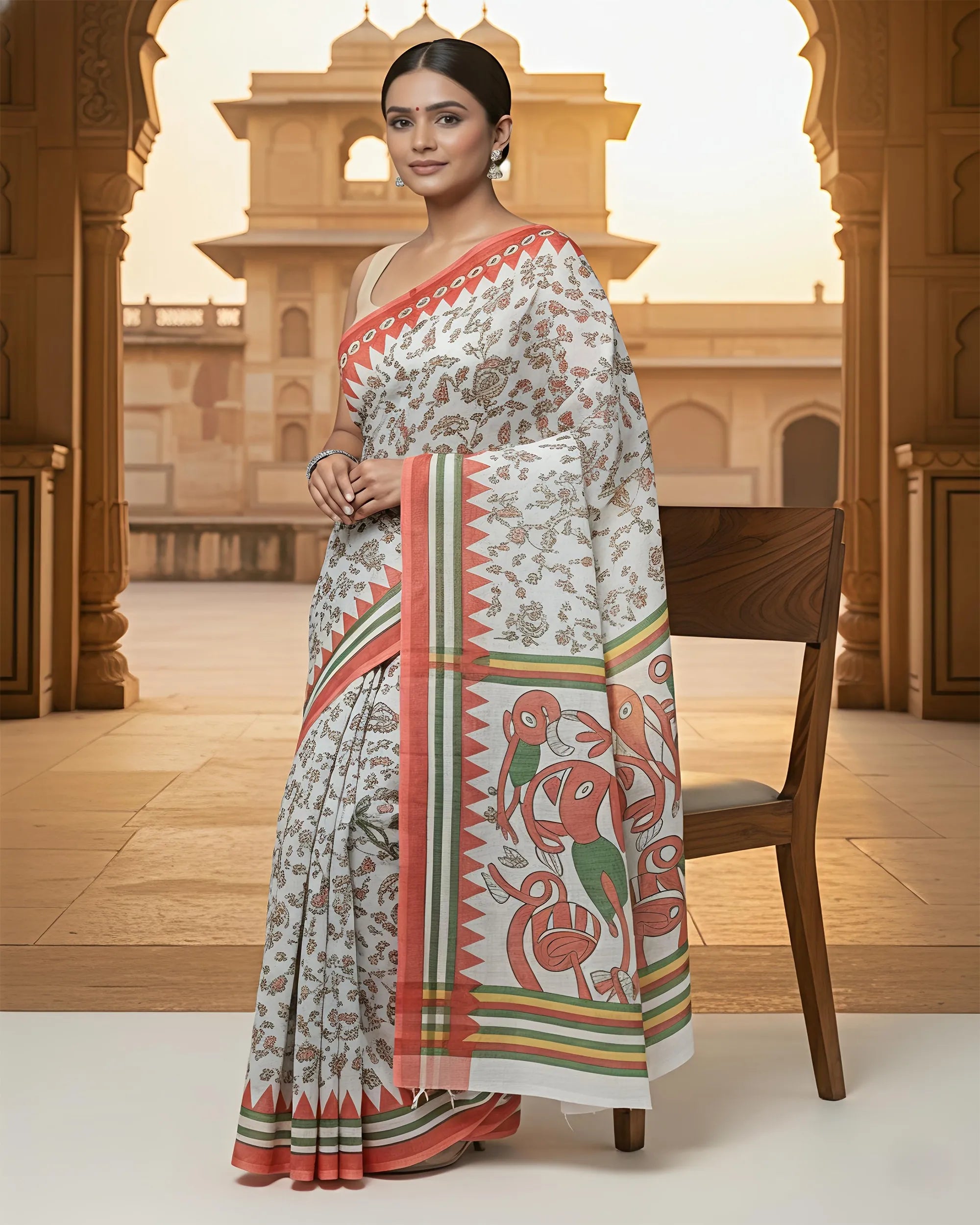 A woman posing in a traditional courtyard at sunset, wearing a white Warli-printed saree by The Weavers Shop. The design features a mix of fine floral patterns on the body and large-scale folk art motifs on the vibrant red and green bordered pallu.