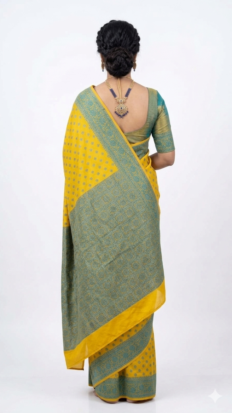 Back view of a woman wearing a yellow and green silk saree with an intricate green border and matching blouse.