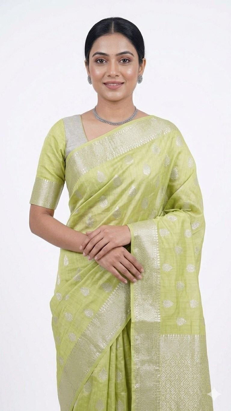 Close-up front view of a woman wearing a lime green Banarasi silk saree with silver floral motifs and an ornate silver zari border, paired with a matching green blouse and a silver necklace.