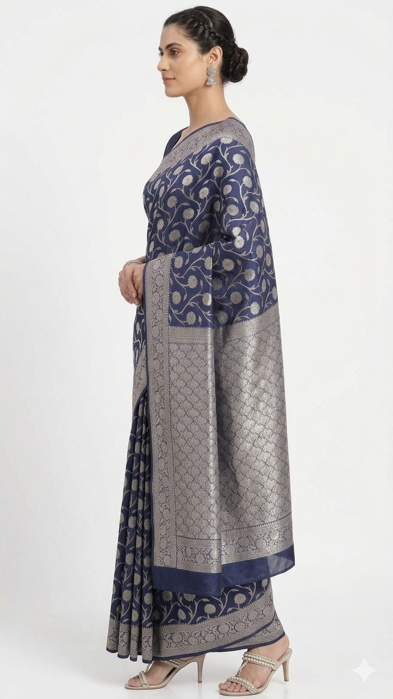 Side profile of a woman wearing a navy blue Banarasi silk saree with silver floral motifs and a broad, intricate silver zari border, showcasing the elegant drape and heavy pallu."
For a version