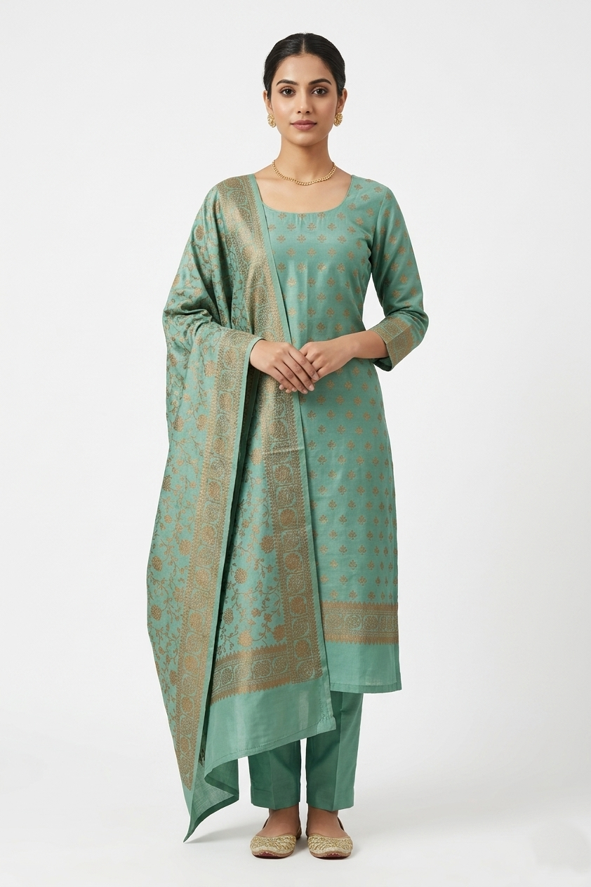 Sea green and copper silk blend unstitched suit material with ethnic motifs and a heavy woven dupatta.
