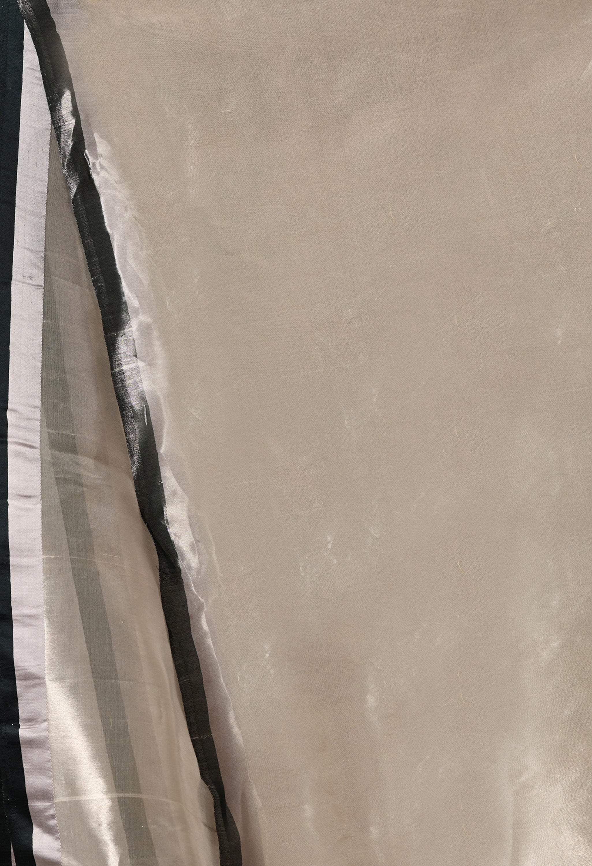 An extreme close-up showcasing the delicate texture of a shimmering silver tissue silk saree from The Weavers Shop by Raavi. The image captures the fine, translucent weave of the metallic fabric, reflecting soft light. On the left edge, the sleek black and silver border is visible, highlighting the sharp contrast between the dark trim and the luminous body of the saree.