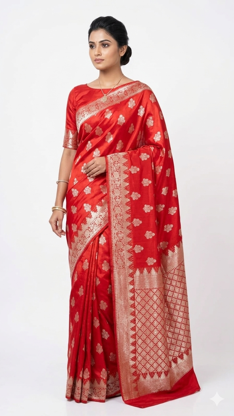 A woman wearing a vibrant red Banarasi silk saree with intricate gold zari floral patterns and a broad, decorative border, posed against a plain white background.