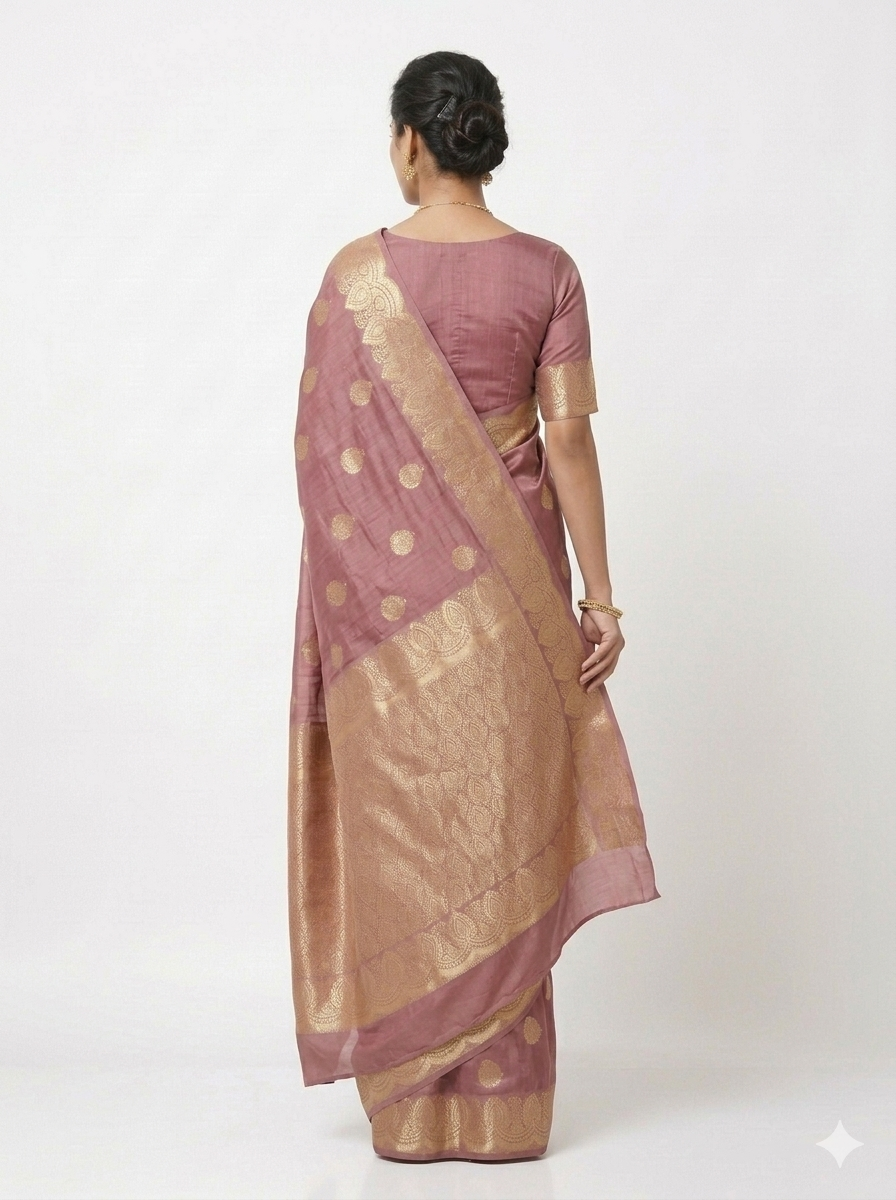 Back view of a woman in a mauve Banarasi silk saree showing the gold zari pallu and matching blouse, on a white background.