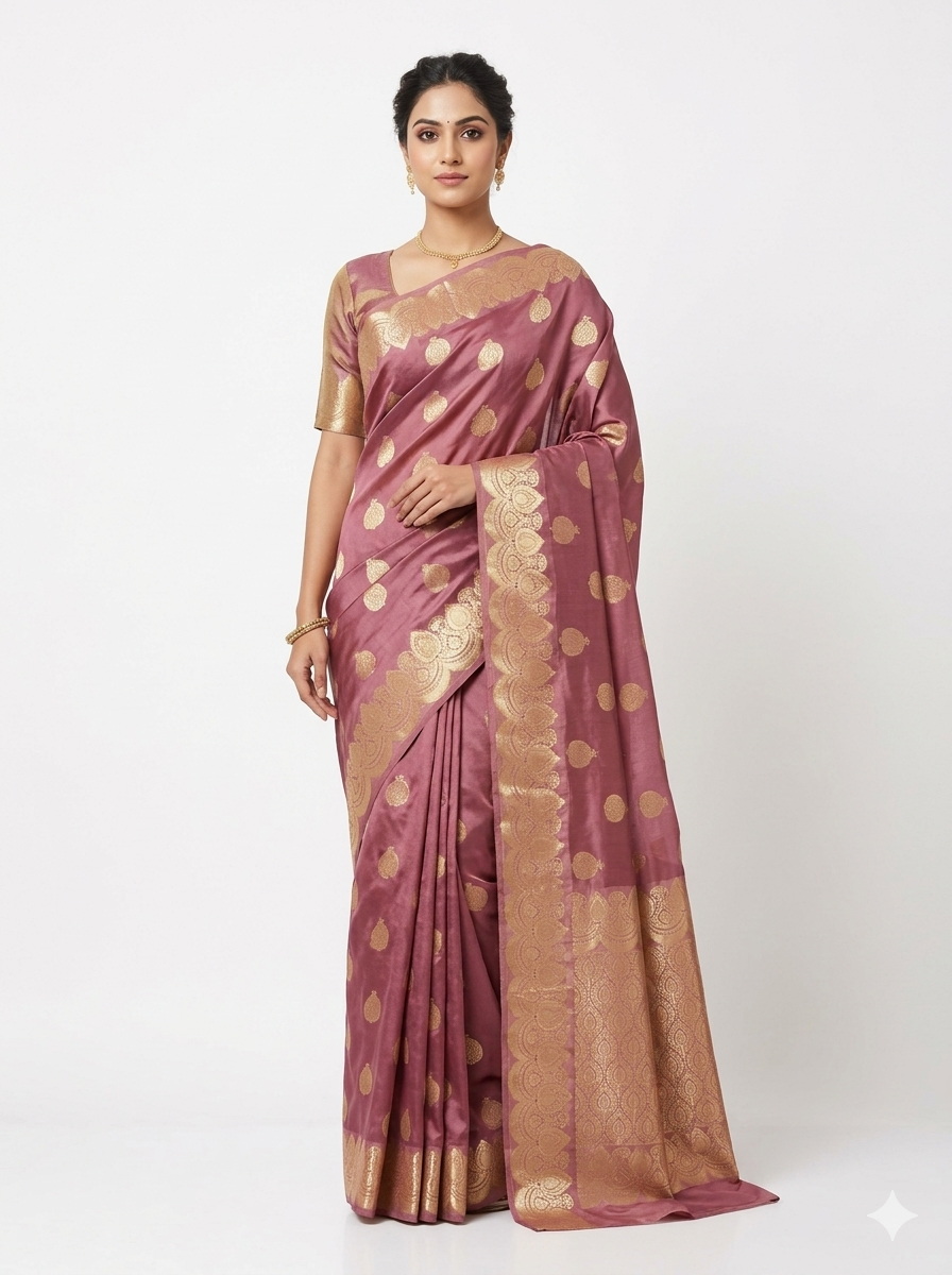 Full front view of a traditional mauve silk saree with intricate gold floral zari motifs and a designer gold border, styled with a matching blouse.