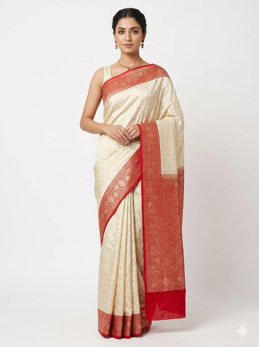A woman wearing an elegant off-white or cream Banarasi silk saree featuring a contrasting broad red border with gold zari floral patterns, paired with a matching red sleeveless blouse against a plain white background.