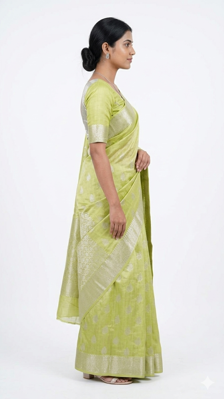 Side profile of a woman wearing a lime green Banarasi silk saree with silver floral motifs and a broad, intricate silver zari border, showcasing the elegant drape against a plain white background