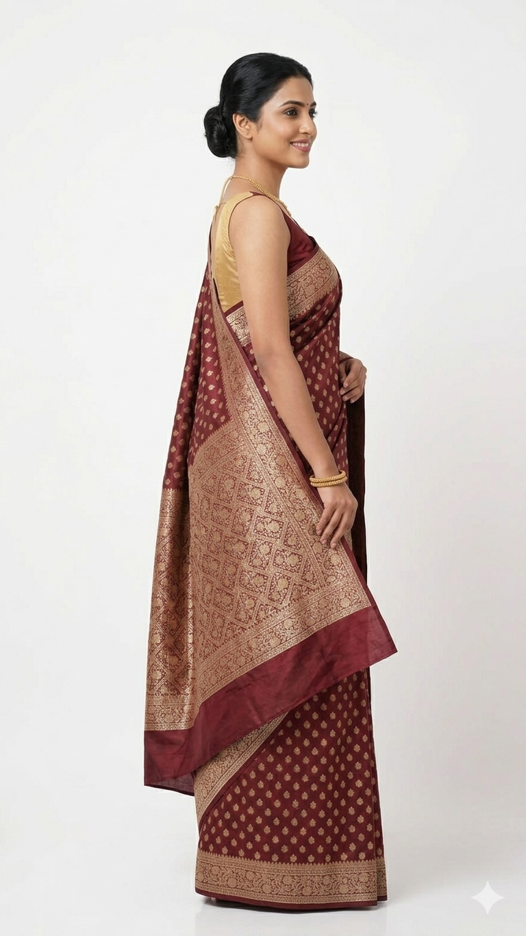 Side profile of a woman wearing a maroon Banarasi silk saree with a gold zari grid pattern and a broad, intricate gold border, showcasing the elegant drape and heavy pallu.