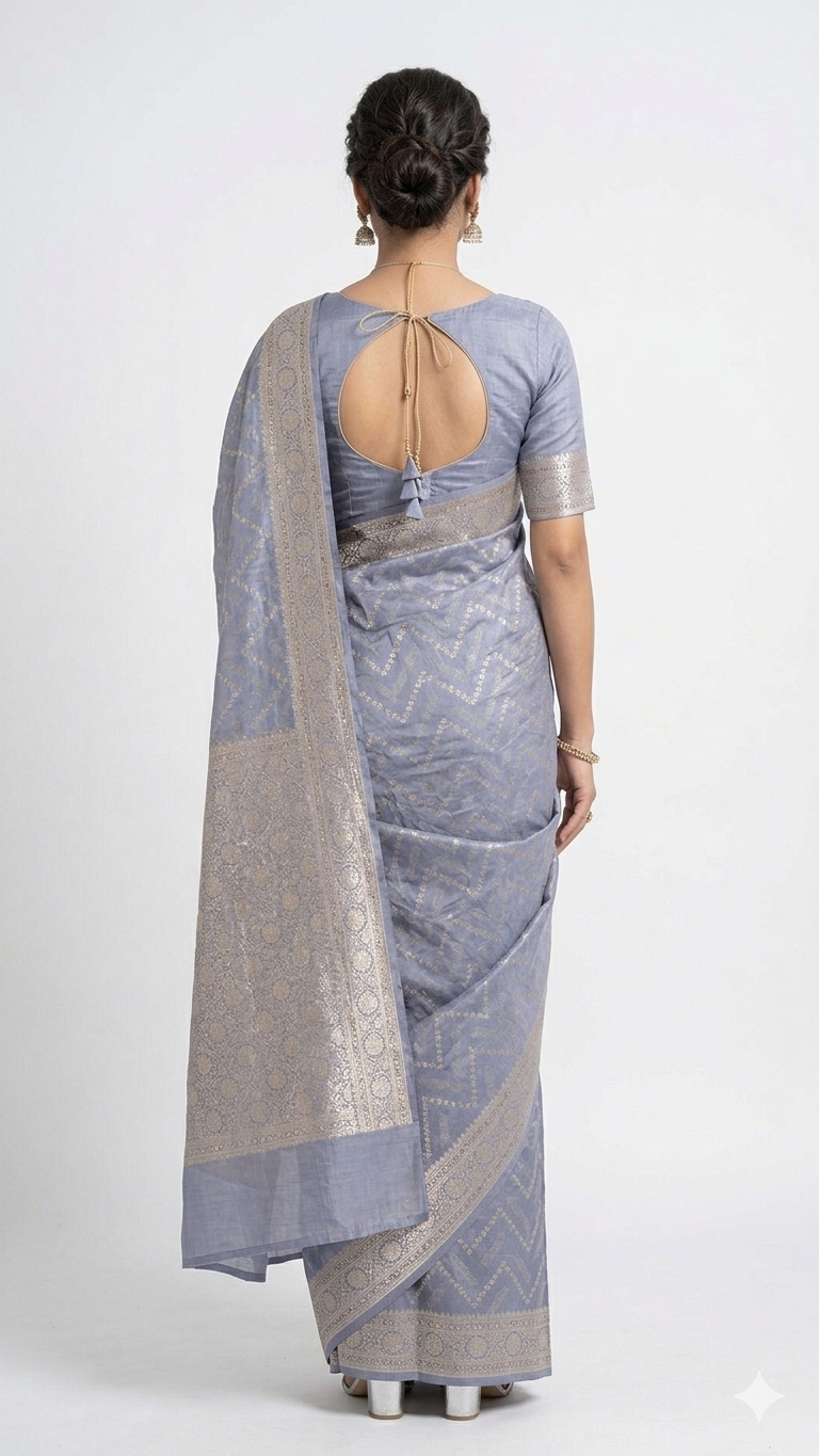 Rear view of a woman wearing a light blue Banarasi silk saree with silver floral motifs and an ornate silver border, featuring a matching blue blouse with a circular keyhole back design.