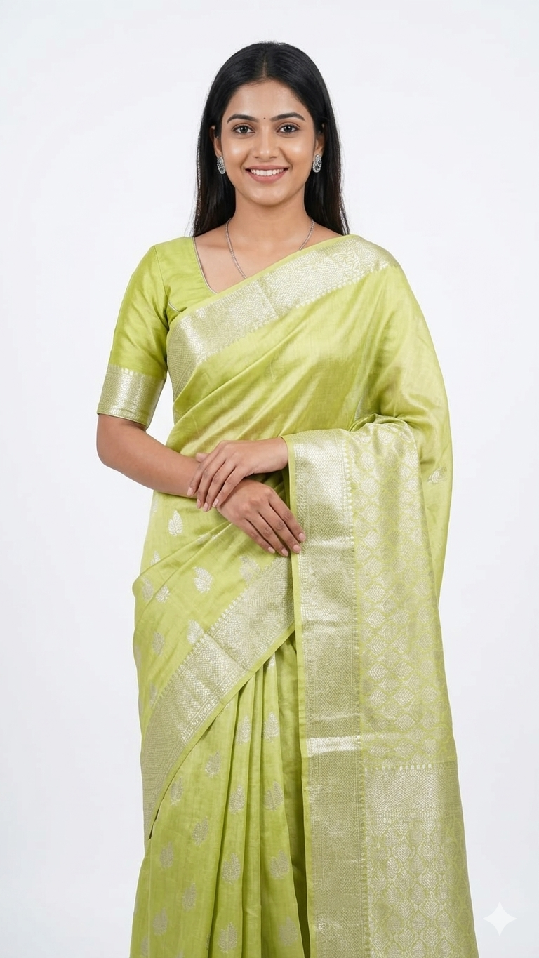 A woman wearing a vibrant lime green Banarasi silk saree with silver zari floral patterns and a broad, intricate silver border, posed against a plain white background
