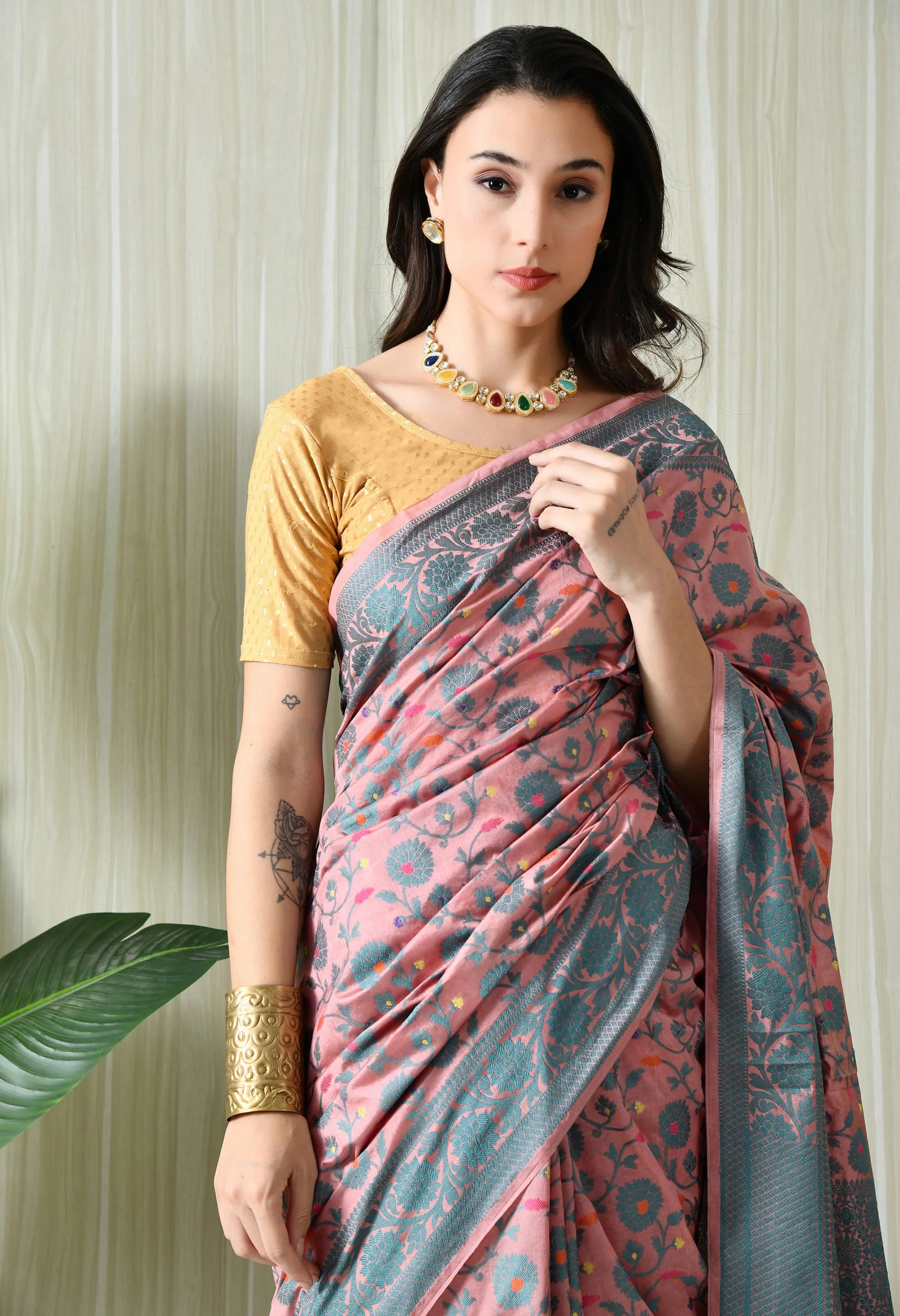 Pink silk saree with zari border