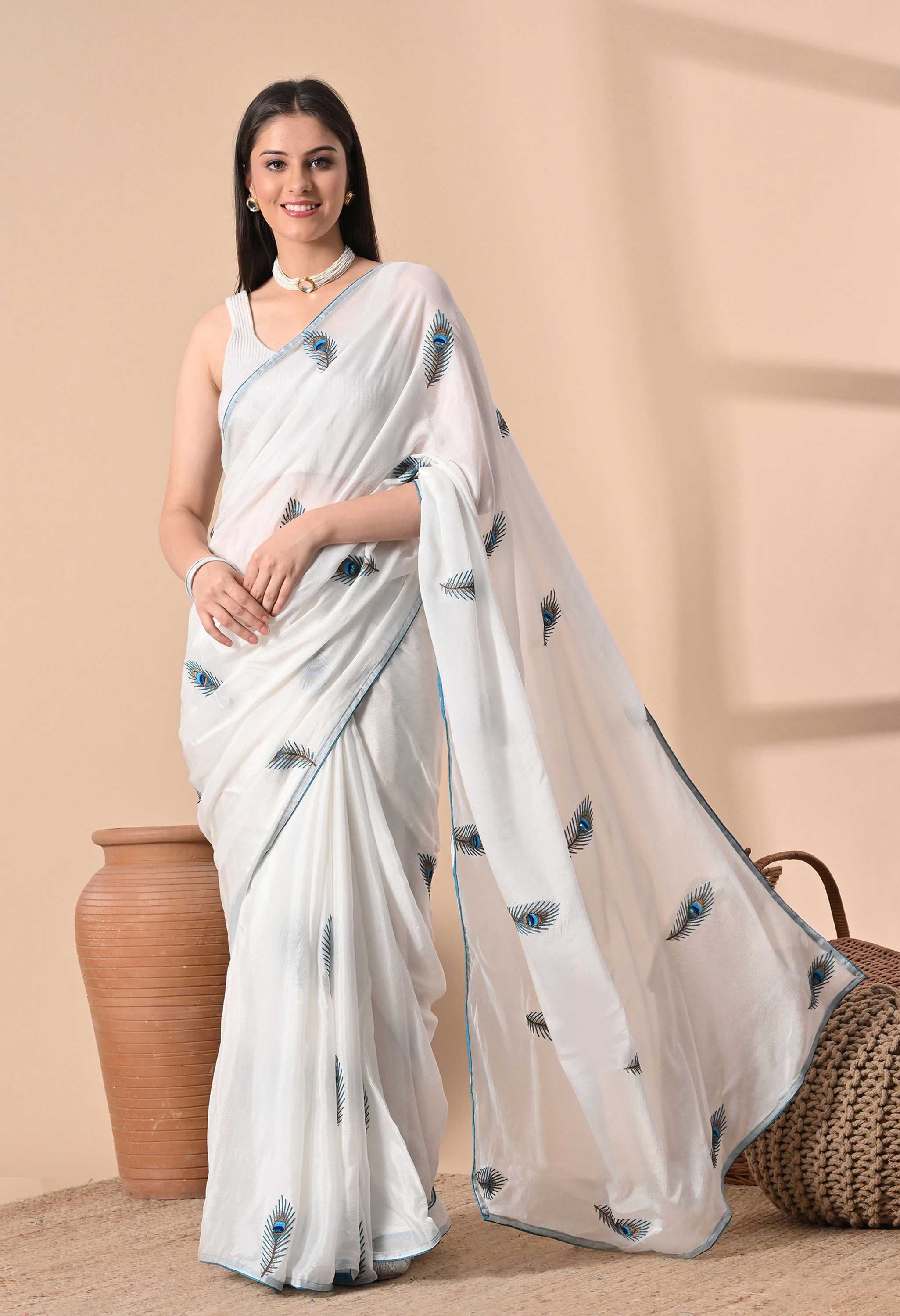 Best Hand Embroidery White Saree